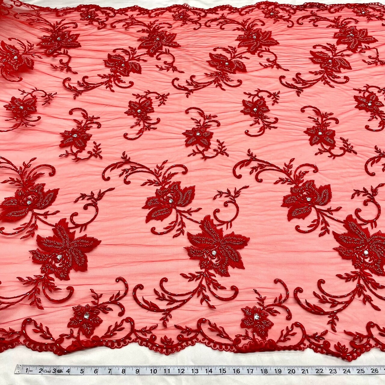 1 Yard Striking Red Beaded Sequined Lace Fabric on Polyester Net Mesh 52 inch Width